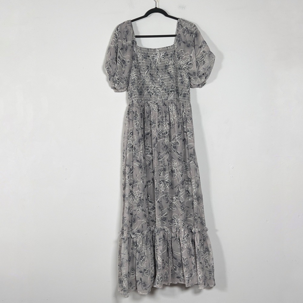 Baltic Born Embroidered Maxi Dress Sz 1XL Gray Puff Sleeve Square Neck Smocked - Picture 7 of 15